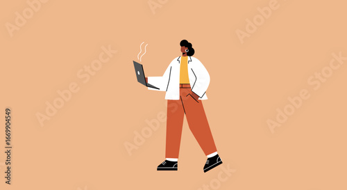 Illustrated person holding a steaming laptop, symbolizing technology problems, overheating, or a demanding work process. Ideal for business and tech-related concepts.