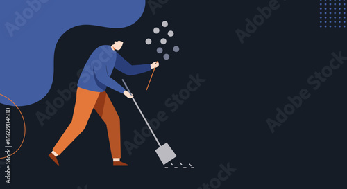 Illustration of a man diligently sweeping away small particles while holding a stick that releases bubbles. Represents organization, problem-solving, or tidying up complex tasks.