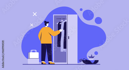 A person selecting clothes from a wardrobe, preparing for travel or a new day. Represents lifestyle, organization, and choice.