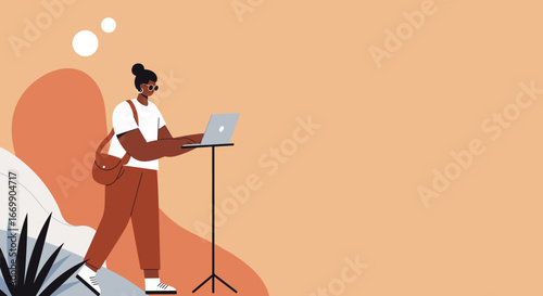 Creative individual working remotely on laptop outdoors, embracing flexible modern lifestyle and innovative thinking. Perfect for business, tech, or travel concepts.