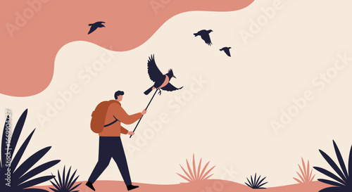 Illustration of a person with a backpack releasing a bird into a serene natural landscape, symbolizing freedom, travel, and environmental connection.