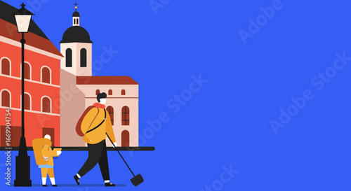 People walk past charming historic European buildings, depicting urban lifestyle, travel, or daily commute in an old town setting. Emphasizes city exploration.