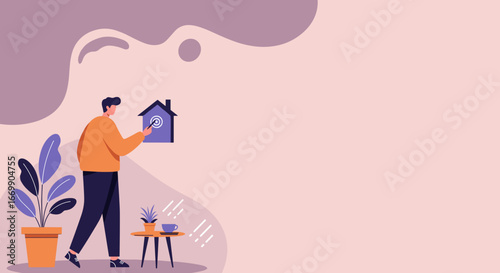 Modern man interacting with a smart home system icon, symbolizing innovative living and property goals. Ideal for technology, real estate, and lifestyle content.