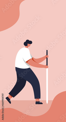 Minimalist illustration of a person using a pointed stick to interact with the ground. Represents concepts of planting, gardening, land surveying, or environmental initiatives.
