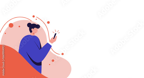 Stylized person interacting with a glowing smartphone, representing digital communication, social media, and modern online connectivity. Ideal for tech, lifestyle, or business concepts.