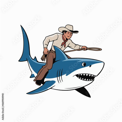 Cowboy illustration of fish rodeo scene koi shark for art poster t-shirt graphic