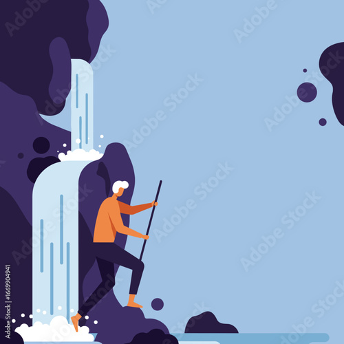 A person with a walking stick climbs a rocky path next to a cascading waterfall, symbolizing challenge, journey, and perseverance in nature. Great for travel, lifestyle, or business concepts.