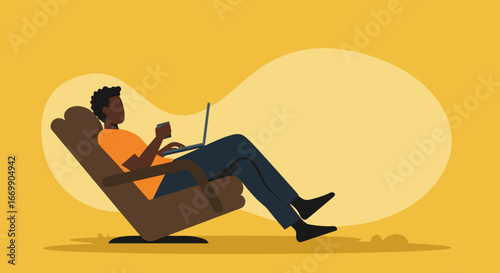 Young man working remotely on a laptop in a comfortable armchair, enjoying coffee. Perfect for themes of flexible work, freelance, or modern lifestyle.