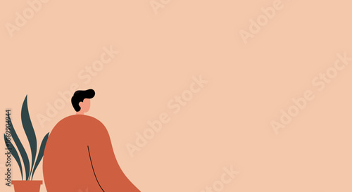 Minimalist illustration of a person sitting calmly beside a potted plant in a peaceful indoor setting. Ideal for themes of relaxation, home life, and wellness.