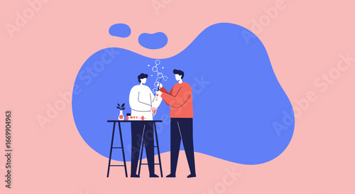Two researchers collaborate in a modern laboratory, working on a scientific experiment with beakers and molecular structures. Concept of innovation and discovery.