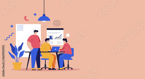 Team of three men collaborating on a business project in a modern office, analyzing data and discussing strategy. Ideal for corporate, technology, or finance concepts.