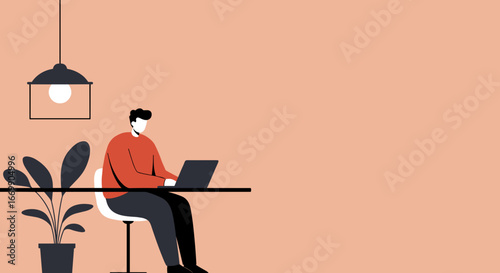 A man works productively on a laptop at a modern desk in a minimalist setting. Ideal for business, remote work, or technology concepts.