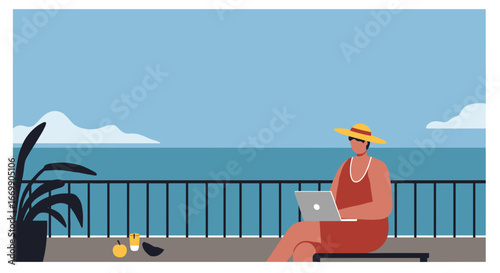 A person works remotely on a laptop from a sunny balcony overlooking the ocean, ideal for modern lifestyle, digital nomad, and travel concepts.