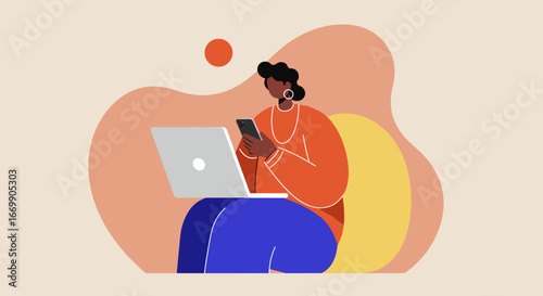 Modern professional simultaneously uses laptop and smartphone in a vibrant, abstract setting, depicting productivity, remote work, and digital communication.