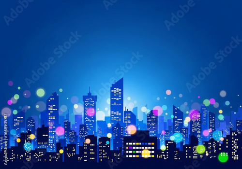 Vibrant city skyline at night with colorful bokeh lights