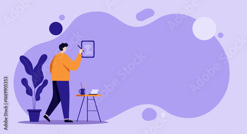 Man controls smart home device on wall, managing temperature and WiFi in a modern, connected living space. Concepts: technology, automation, lifestyle.