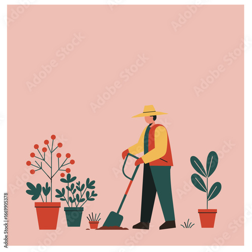 A dedicated gardener cultivating plants with a shovel, surrounded by vibrant potted greenery. Represents a healthy hobby, sustainable lifestyle, and connection to nature.