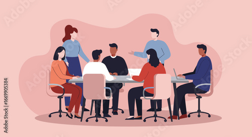 Diverse business professionals collaborate in a modern office meeting, discussing strategy and fostering teamwork. Ideal for corporate productivity and innovation concepts.