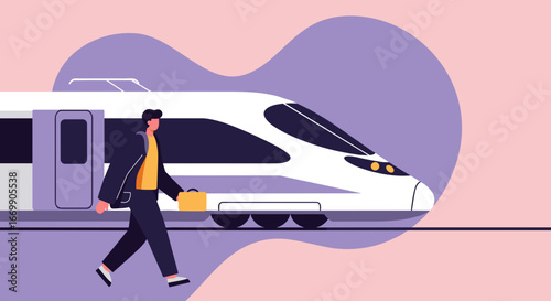 Man with a brief case walking past a sleek bullet train, symbolizing modern public transport, business travel, and city life.