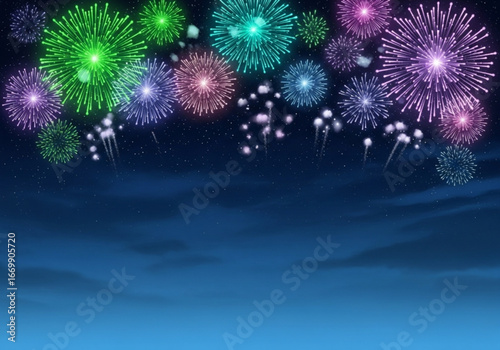 Colorful fireworks exploding in the night sky with a dark blue background