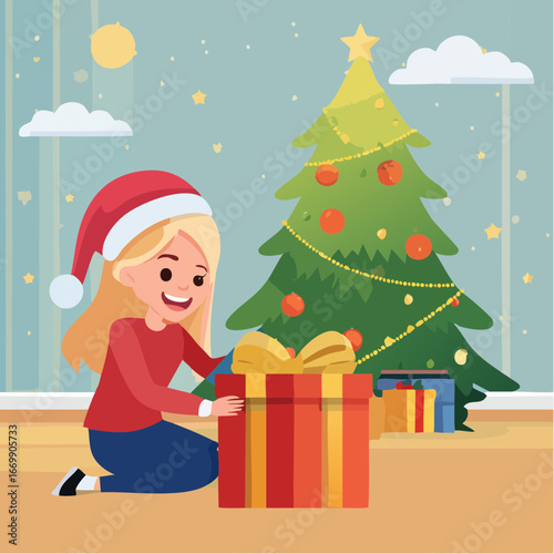 Beautiful excited isolated blonde girl opening Christmas present