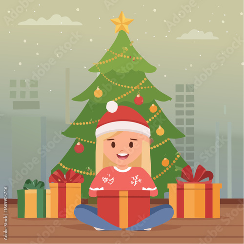 Beautiful excited isolated blonde girl opening Christmas present