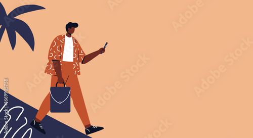Young man walking outdoors with a bag and smartphone, enjoying a tropical leisure trip or daily commute in a warm climate.