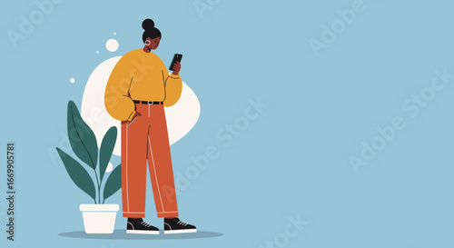 Young woman uses her smartphone, engaging with digital content. Represents modern communication, social media, and technology in a casual setting. Ideal for lifestyle and tech concepts.