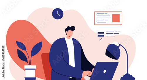 Professional man working diligently on his laptop in a modern, organized workspace. Ideal for concepts of productivity, remote work, or business.