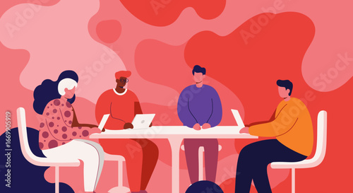 Diverse team collaborating at a modern table with laptops, reflecting teamwork, productivity, and digital communication in a vibrant workspace.