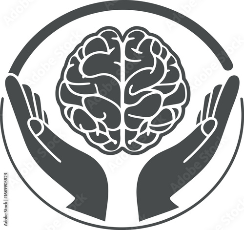 Vector art of hands holding a brain in a circle, symbolizing mental health