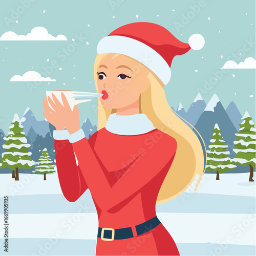 Beautiful isolated Christmas winter blonde girl puffing
