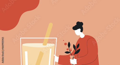 Minimalist illustration of a person holding a small plant next to a refreshing drink, symbolizing wellness, self-care, and a healthy lifestyle. Ideal for health and lifestyle content.