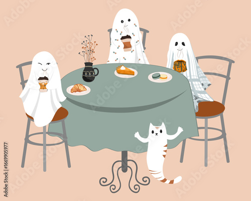 Halloween ghosts meeting vector illustration. Cute sheet ghosts sitting at the table and drinking tea with pumpkin pie. Halloween celebration scene for cards