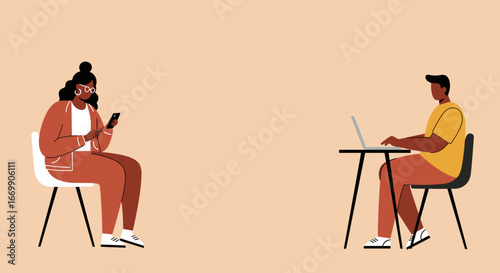 Diverse people focused on digital devices; a woman uses a smartphone while a man works on a laptop. Represents modern connectivity, remote work, or daily lifestyle.