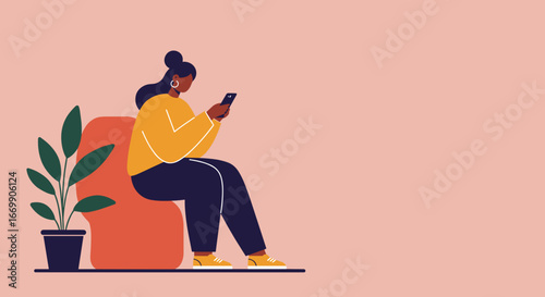 Relaxed woman using smartphone while sitting, representing digital communication, social media, and modern lifestyle at home or leisure.