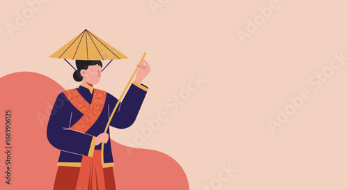 Illustration of an Asian woman in traditional costume and conical hat, holding a staff. Represents culture, travel, and heritage.