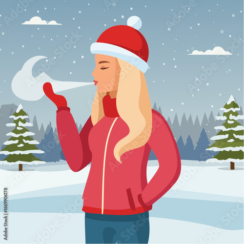 Beautiful isolated Christmas winter blonde girl puffing