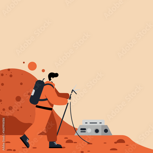 A person explores a barren, red alien planet, equipped for scientific discovery and future space travel. Ideal for concepts of exploration and innovation.