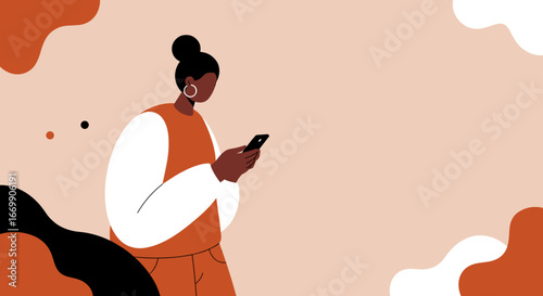Young woman of color engaged with her smartphone, symbolizing digital communication, connectivity, and modern lifestyle against an abstract background. Ideal for technology and social media concepts.