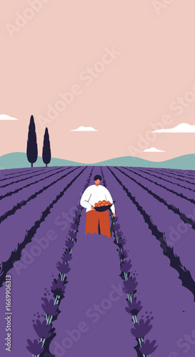 Person harvesting in a vibrant lavender field under a serene sky, embodying rural life, agriculture, and peaceful nature. Ideal for travel or lifestyle.