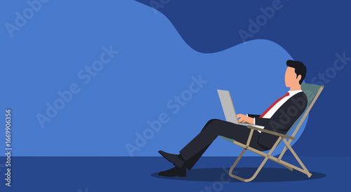 Businessman in a suit working on a laptop while relaxing in a deck chair, illustrating remote work, flexible lifestyle, and modern business concepts.