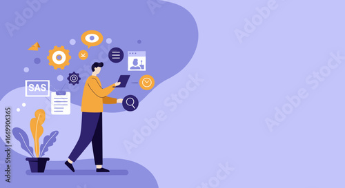 Professional analyzing data and managing digital processes. Concepts of business intelligence, strategic planning, project management, and efficient technology for growth.