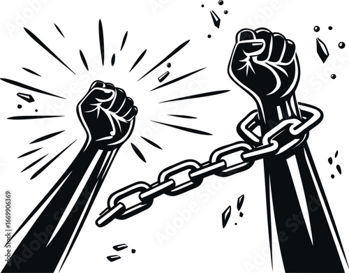 Vector art of two fists breaking chains, symbolizing collective freedom
