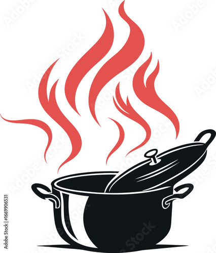 Vector art of cooking pot with flames and steam