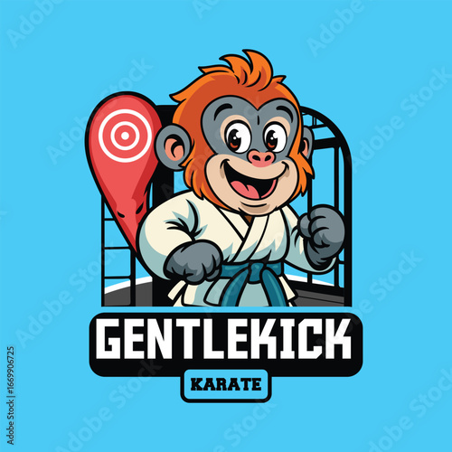 Cartoon orangutan wearing a blue belt karate uniform, confidently posing in a ready-to-fight martial arts stance	