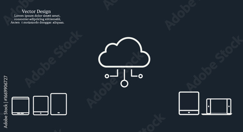 A minimalist digital illustration depicting a cloud icon connected to various electronic devices, symbolizing cloud computing and data synchronization.