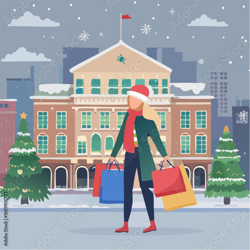 Beautiful isolated blonde girl doing Christmas winter shopping