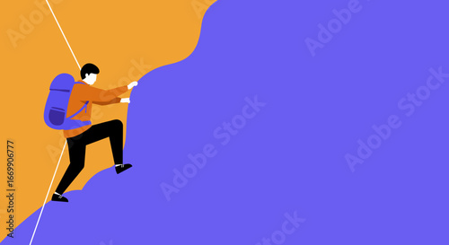 Person with backpack climbing a steep mountain, representing challenge, aspiration, success, and overcoming obstacles. Ideal for business, travel, and adventure concepts.
