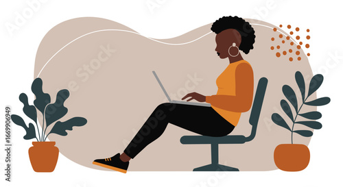Focused African American woman working remotely on laptop at home office. Represents modern productivity, entrepreneurship, and digital lifestyle.